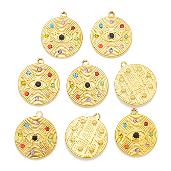 201 Stainless Steel Pendants, with Colorful Rhinestone, Flat Round with Eye, Golden, 23x20.5x3mm, Hole: 1.6mm