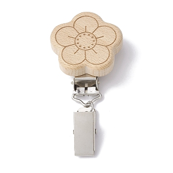 Iron ID Card Clips with Wood Animal, Badge Holder Clip, Flower, 80.5mm