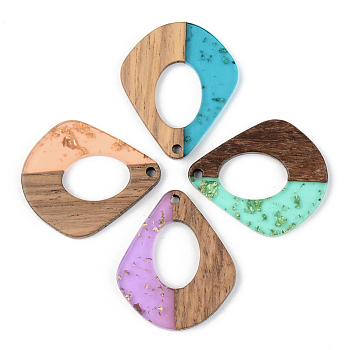 Transparent Resin & Walnut Wood Pendants, with Gold Foil, Teardrop, Mixed Color, 32.5x27.5x3mm, Hole: 2mm