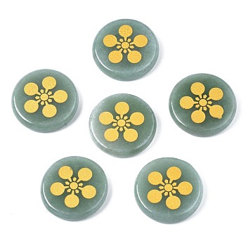 Natural Green Aventurine Cabochons, Flat Round with Flower Pattern, 25x5mm, about 6pcs/bag
