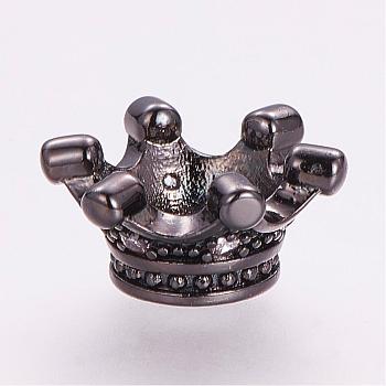 Brass Micro Pave Cubic Zirconia Beads, Crown, Gunmetal, 14x7mm, Hole: 5mm