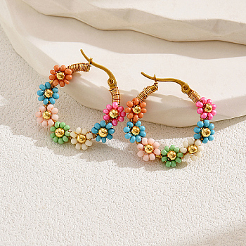 Flower Garland Braided Beaded Stainless Steel Hoop Earrings, Real 18K Gold Plated Jewelry for Women, Colorful, 30x30mm