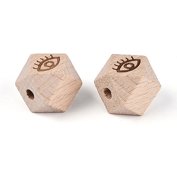 Laser Engraved Beech Wood Faceted Beads, Star Cut Round Beads, Eye, PapayaWhip, 16x16x16mm, Hole: 3.8mm