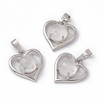Natural Quartz Crystal Pendants, Rock Crystal Pendants, Heart Charms, with Platinum Tone Brass Findings, Cadmium Free & Nickel Free & Lead Free, 21.5x19.5x7.5~8mm, Hole: 7.5x5mm