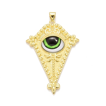Glass Pendants, with Brass Findings, Cadmium Free & Nickel Free & Lead Free, Long-Lasting Plated, Real 18K Gold Plated, Rhombus with Eye, Lime, 46.5x32x9mm, Hole: 4.5x3mm