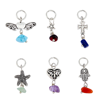 6 Sets 6 Styles Chakra Natural & Synthetic Mixed Stone Chips Alloy Pendants, Gemstone Charm, Heart & Star & Starfish, Mixed Shapes, Antique Silver, 20~27.5mm, Hole: 5.6~5.8mm, 7pcs/set, 1 set/style