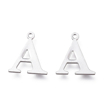 304 Stainless Steel Charms, Laser Cut, Alphabet, Stainless Steel Color, Letter.A, 12.5x10.5x0.8mm, Hole: 1mm