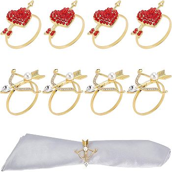 Fingerinspire Arrow & Heart Alloy Napkin Rings, with Resin Rhinestone, Napkin Holder Adornment, for Valentine's Day Place Setting, Golden, 44.5x49.5mm, Inner Dimeter: 35.5mm, 2 style, 4pcs/style, 8pcs