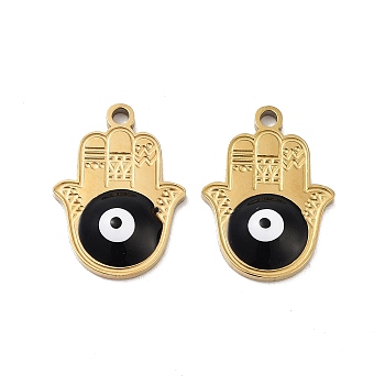 Ion Plating(IP) 316 Stainless Steel Enamel Pendants, Hamsa Hand with Evil Eye Charm, Real 18K Gold Plated, Black, 17.5x13x3mm, Hole: 1.4mm