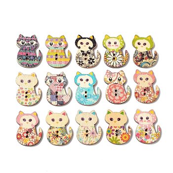 2-Hole Printed Wooden Buttons, for Sewing Crafting, Cat, Mixed Color, 29.5x21.5x2.5mm, Hole: 1.5mm