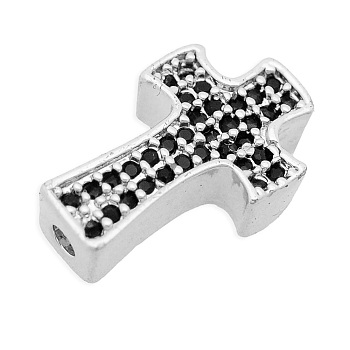 Brass Micro Pave Cubic Zirconia Beads, Cross, Platinum, 14x9x4mm, Hole: 1.2mm, 3pcs/bag