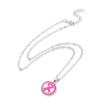 Glass Flat Round Pendant Necklace with Brass Chain, Breast Cancer Awareness Ribbon Jewelry for Women, Ribbon Pattern, 18.70 inch(47.5cm)