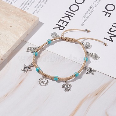 Bracelet de cheville en perles synthétiques turquoise tressées(AJEW-AN00483)-2
