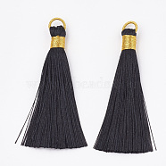 Polyester Tassel Big Pendant Decorations, with Metallic Cord, Black, 78~87x10~11mm, Hole: 7mm(FIND-S276-01)