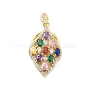 Brass Micro Pave Clear Cubic Zirconia Pendants, with Glass, Leaf, Real 18K Gold Plated, Colorful, 33.5mm, Hole: 4.5x1.5mm(KK-I695-018A)