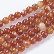 Natural Striped Agate/Banded Agate Beads Strands, Dyed, Round, FireBrick, 6mm, Hole: 1mm(G-G591-6mm-03)