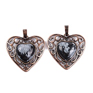 Natural Snowflake Obsidian Peach Love Heart Pendants, Rack Plating Brass Hollow Heart Charms, Cadmium Free & Lead Free, Red Copper, 29.5x30.5x7.5mm, Hole: 7.5x5mm(G-G158-01-03)