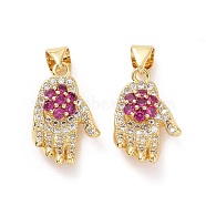 Brass Micro Pave Cubic Zirconia Pendants, Hand with Flower Charms, Deep Pink, 19x11x5mm, Hole: 3x3.5mm(ZIRC-F134-30G-03)