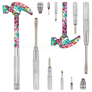 Flower Print Brass & Iron Hammer Set, 6-in-1 Multi-Functional Screwdriver, Platinum, 20.6x7.1x2.3cm(TOOL-WH0030-07P)