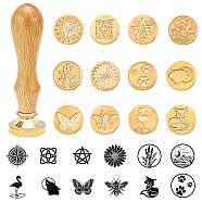 DIY Stamp Making, with Brass Wax Seal Stamp Head and Beech Wood Handles, Golden, 25x14mm, 12patterns, 1pc/pattern, 12pcs/set(DIY-PH0027-20)