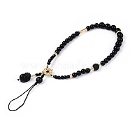Natural Gold Obsidian & Limestine & Obsidian & Black Agate & Brass Mobile Phone Straps, for His-and-Hers Nylon Cord Mobile Accessories Decoration, Black, 20~21cm, Beads: 3~11mm, Pi Xiu: 14.5x10x10mm, Ring: 10.5x4mm, Gasket: 7.5x2.5mm, Strip: 12.5x5mm(HJEW-N003-02)