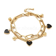 Resin Heart and Round Ball Charm Multi-strand Bracelet, Vacuum Plating 304 Stainless Steel Double Layered Chains Bracelet for Women, Golden, 7-1/2 inch(19cm)(BJEW-G639-28G)