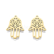 201 Stainless Steel Pendant, Hollow Charms, Hamsa Hand/Hand of Miriam with Flower, Real 18K Gold Plated, 27x19x1.5mm, Hole: 1.4mm(STAS-B027-30G)