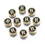Alloy Enamel Beads, Cadmium Free & Lead Free, Light Gold, Flat Round with Alphabet, Black, Letter.R, 8x4mm, Hole: 1.5mm(ENAM-N052-006-02R-RS)