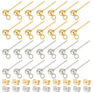 202 Stainless Steel Ball Stud Earring Findings, with 304 Stainless Steel Pins, Ear Nuts and Loop, Round, Golden & Stainless Steel Color, Earring Findings: 15mm, Hole: 2mm, Pin: 0.7mm, 40pcs/box, Ear Nuts: 40pcs/box(STAS-UN0004-66)