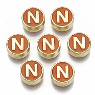 Alloy Enamel Beads, Cadmium Free & Nickel Free & Lead Free, Flat Round with Initial Letters, Light Gold, Letter.N, 8x4mm, Hole: 1.5mm(X-ENAM-S122-028N-NR)