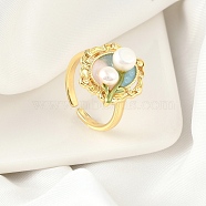 Brass Enamel Cuff Rings, with Natural Freshwater Pearl, Real 18K Gold Plated, Oval with Flower, Turquoise, Inner Diameter: 16mm(RJEW-K291-04G-03)