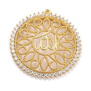 Brass Micro Pave Clear Cubic Zirconia Pendants, Long-Lasting Plated, Flat Round with Allah, Golden, 41x39x3mm, Hole: 1.3mm(ZIRC-L097-037G)