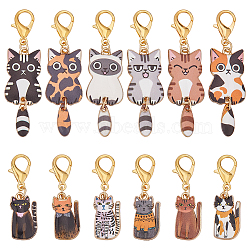 12Pcs 12 Styles Cat Alloy Enamel Pendant Decorations, with Alloy Lobster Claw Clasps, Mixed Color, 36~55mm, 1pc/style(HJEW-PH02038)