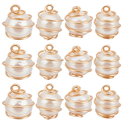 14Pcs Natural Cultured Freshwater Pearl Round Charms, with Real 18K Gold Plated Eco-Friendly Copper Wire Wrapped, Linen, 15x11.5mm, Hole: 3mm(FIND-BBC0001-51)