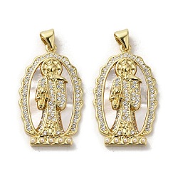 Brass Pave Shell Pendants, Religion Virgin Mary Charms with ABS Imitation Pearl, Real 18K Gold Plated, Oval, 30x18x4mm, Hole: 3.5x4.5mm(KK-I708-16I-G)