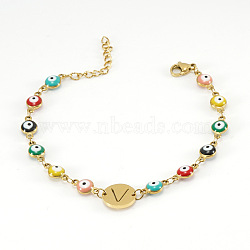 Colorful 304 Stainless Steel & Evil Eye Enamel Flat Round Link Bracelets, Letter Charm Bracelets for Women, Golden, Real 18K Gold Plated, Letter V, 6.69 inch(17cm)(FS-WGB13F5-22)