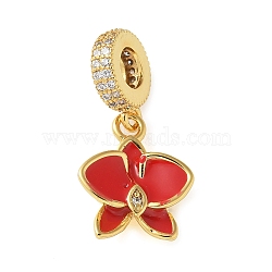 Brass Micro Pave Clear Cubic Zirconia Flower European Dangle Charms, Red Enamel Large Hole Pendants, Cadmium Free & Lead Free, Long-Lasting Plated, Rack Plating, Real 18K Gold Plated, 25mm, Hole: 4mm(KK-C086-03G-02)