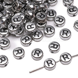 50Pcs Acrylic Beads, Flat Round with Letter, Letter R, 7x4mm, Hole: 1mm(PW-WG149A3-09)