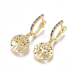 Brass Micro Pave Cubic Zirconia Dangle Hoop Earrings, Flat Round with Tree of Life, Golden, 33.5mm, Pin: 2x0.8mm(EJEW-S201-70)