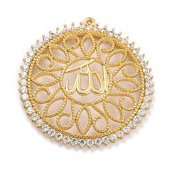 Brass Micro Pave Clear Cubic Zirconia Pendants, Long-Lasting Plated, Flat Round with Allah, Golden, 41x39x3mm, Hole: 1.3mm(ZIRC-L097-037G)