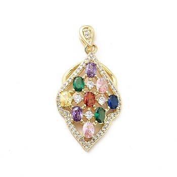Brass Micro Pave Clear Cubic Zirconia Pendants, with Glass, Leaf, Real 18K Gold Plated, Colorful, 33.5mm, Hole: 4.5x1.5mm