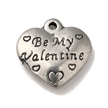Valentine's Day 304 Stainless Steel Pendants, Heart with Word Be My Valentine, Antique Silver, 17x17x4mm, Hole: 1.5mm