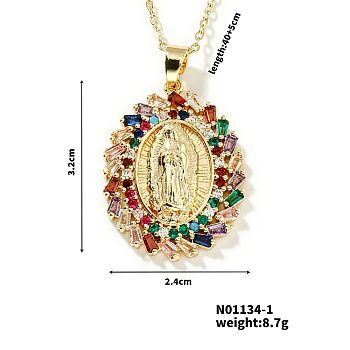 Golden Tone Brass Pave Cubic Zirconia Virgin Mary Pendant Necklaces, Fashion Accessory for Women, Colorful, 15.75 inch(40cm)