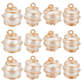 14Pcs Natural Cultured Freshwater Pearl Round Charms, with Real 18K Gold Plated Eco-Friendly Copper Wire Wrapped, Linen, 15x11.5mm, Hole: 3mm