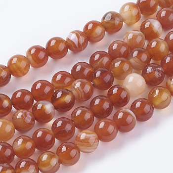 Natural Striped Agate/Banded Agate Beads Strands, Dyed, Round, FireBrick, 6mm, Hole: 1mm