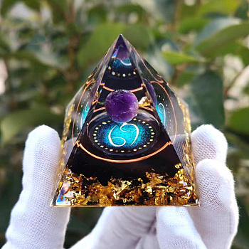 Orgonite Pyramid Resin Energy Generators, Reiki Natural Amethyst Inside for Home Office Desk Decoration, Cancer, 60x60x60mm