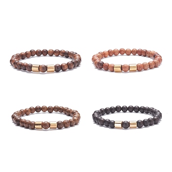 Natural Wood Round Beaded Stretch Bracelet with Synthetic Hematite for Men Women, Mixed Color, Inner Diameter: 2-1/4 inch(5.6cm)