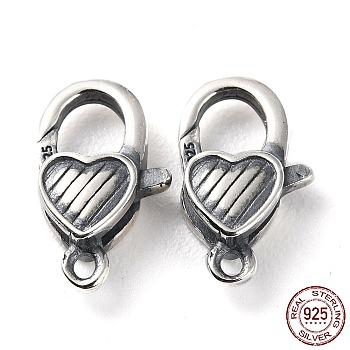 925 Thailand Sterling Silver Lobster Claw Clasps, Heart, with 925 Stamp, Antique Silver, 12.5x7.5x3.5mm, Hole: 1.2mm