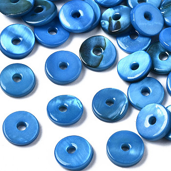 Spray Painted Natural Freshwater Shell Beads, Disc/Flat Round, Heishi Beads, Dodger Blue, 7x1.5~2mm, Hole: 1.5mm