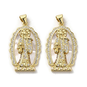 Brass Pave Shell Pendants, Religion Virgin Mary Charms with ABS Imitation Pearl, Real 18K Gold Plated, Oval, 30x18x4mm, Hole: 3.5x4.5mm